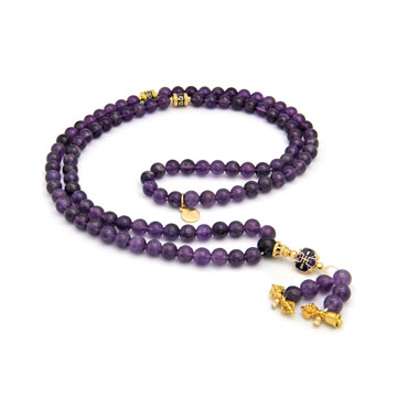 Amethyst Mala with Longevity Symbol For Protection, Peace & Harmony (8MM Beads) + FREE Chant a Mantra Booklet 